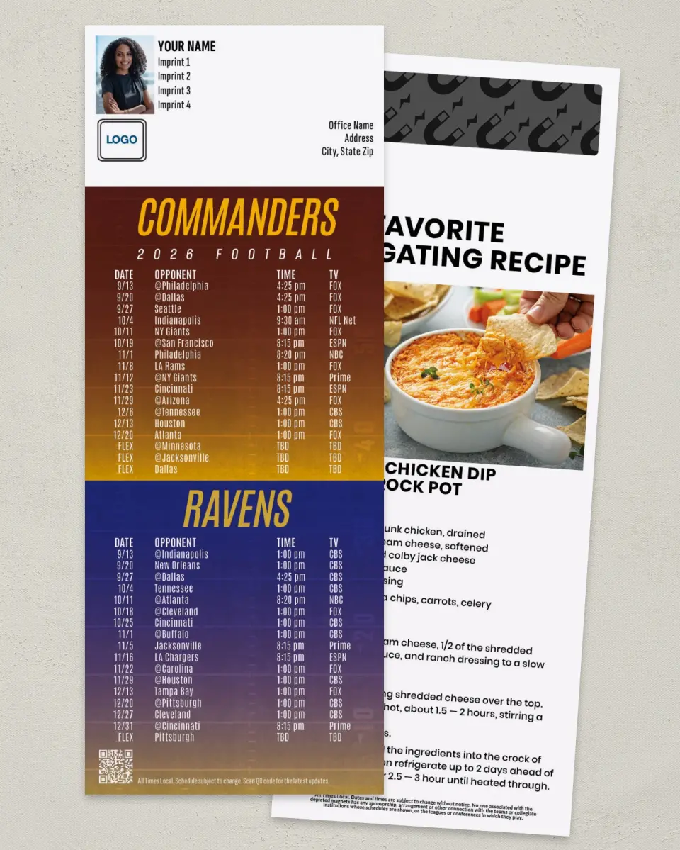 This is a 3½" x 9" Football Schedule Magnet called Washington + Ravens printed in full color