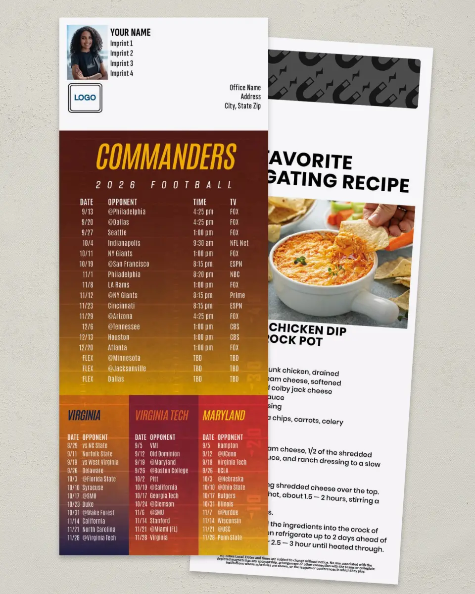 This is a 3½" x 9" Football Schedule Magnet called Washington + Virginia + Virginia Tech + Maryland printed in full color