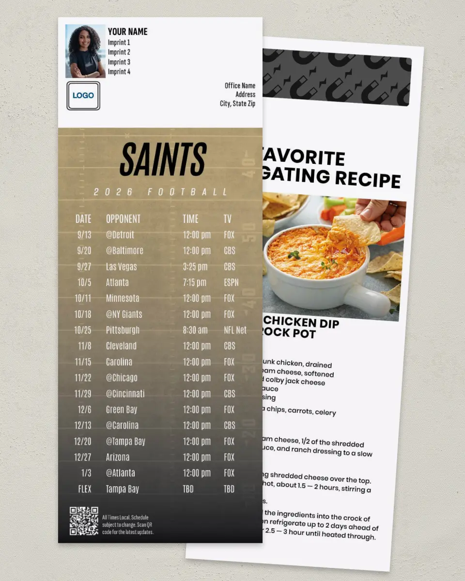 This is a 3½" x 9" Football Schedule Magnet called Saints printed in full color