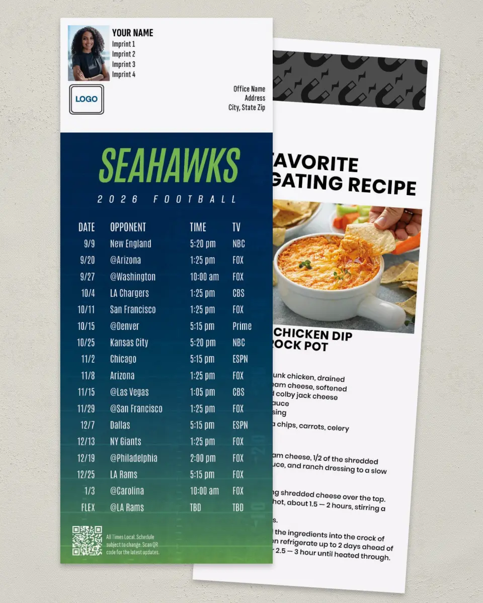 This is a 3½" x 9" Football Schedule Magnet called Seahawks printed in full color