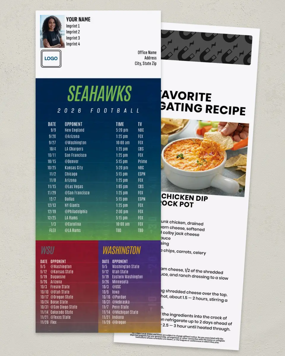 This is a 3½" x 9" Football Schedule Magnet called Seahawks + Washington State + University of Washington printed in full color