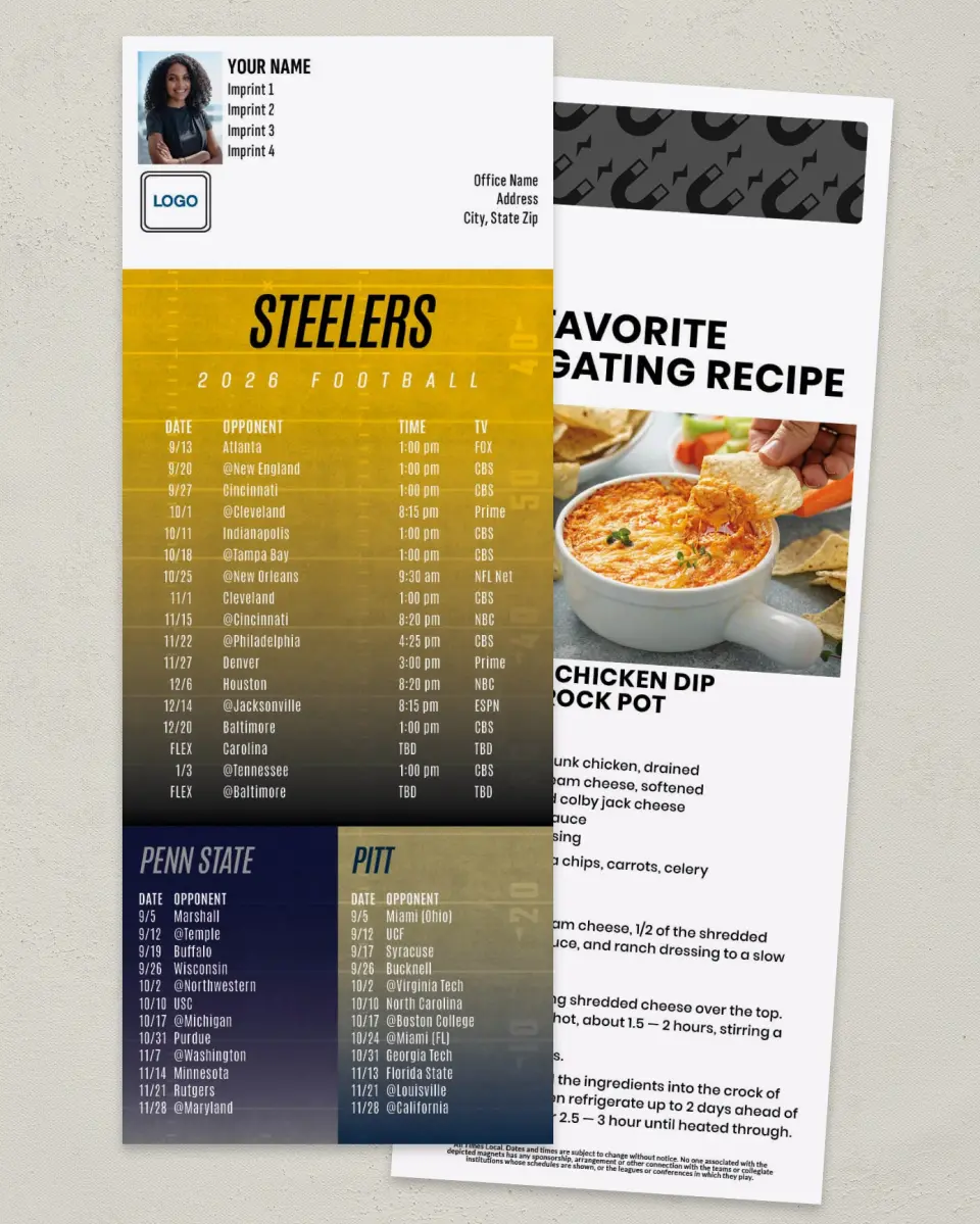 This is a 3½" x 9" Football Schedule Magnet called Steelers + Penn State + University of Pittsburgh printed in full color