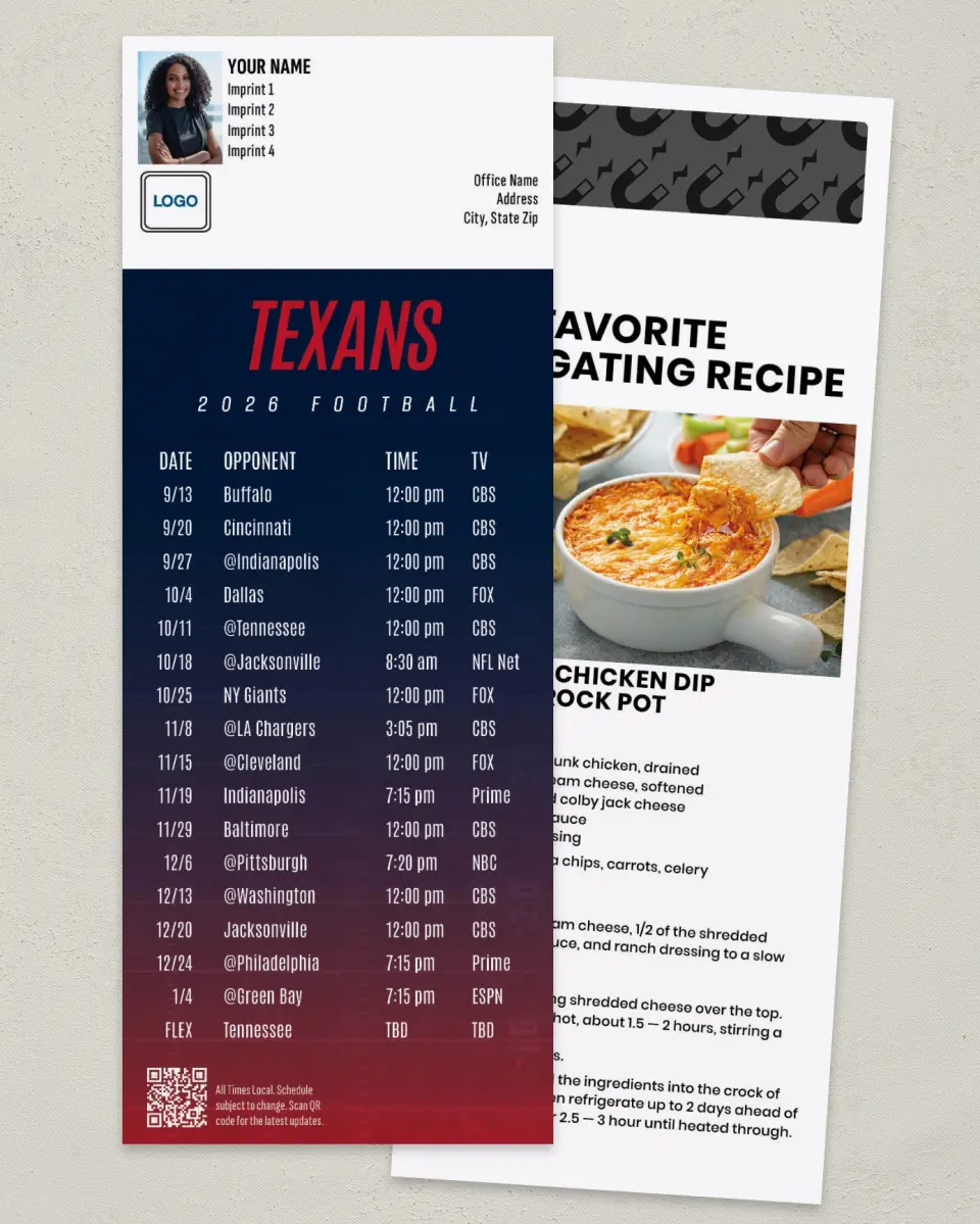 This is a 3½" x 9" Football Schedule Magnet called Texans printed in full color