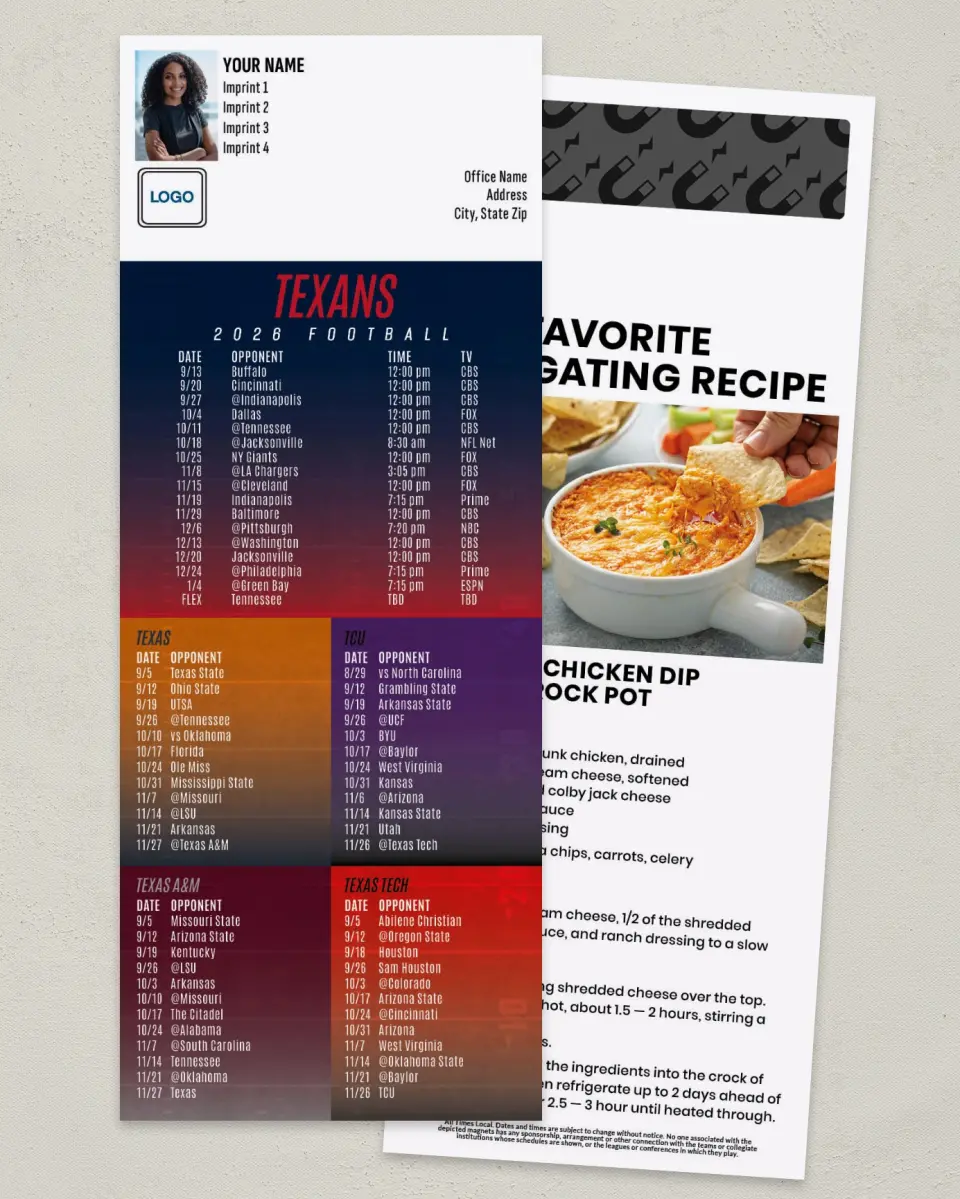 This is a 3½" x 9" Football Schedule Magnet called Texans + Univ of TX + TX A&M + TX Tech + TCU printed in full color