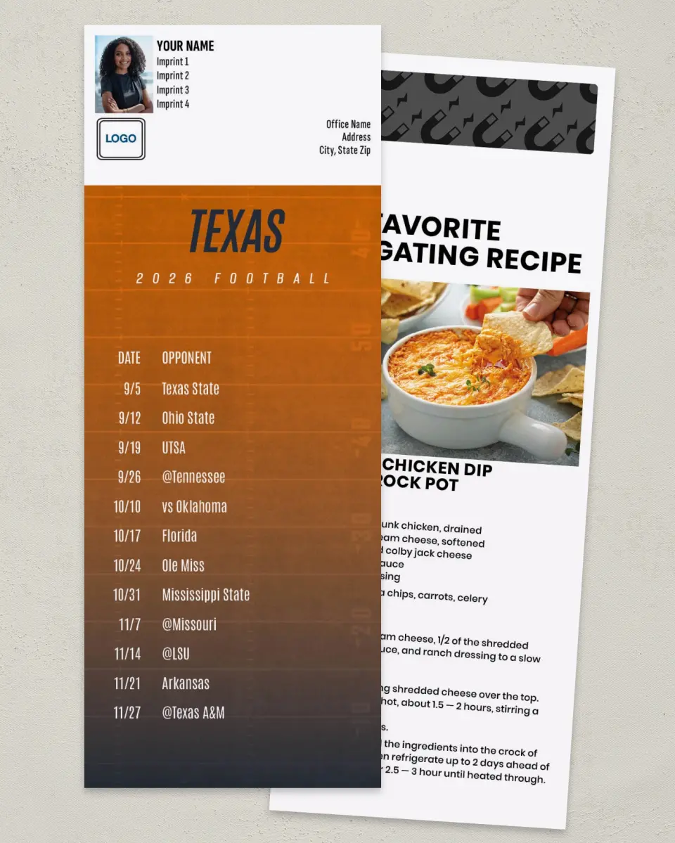 This is a 3½" x 9" Football Schedule Magnet called Texas printed in full color