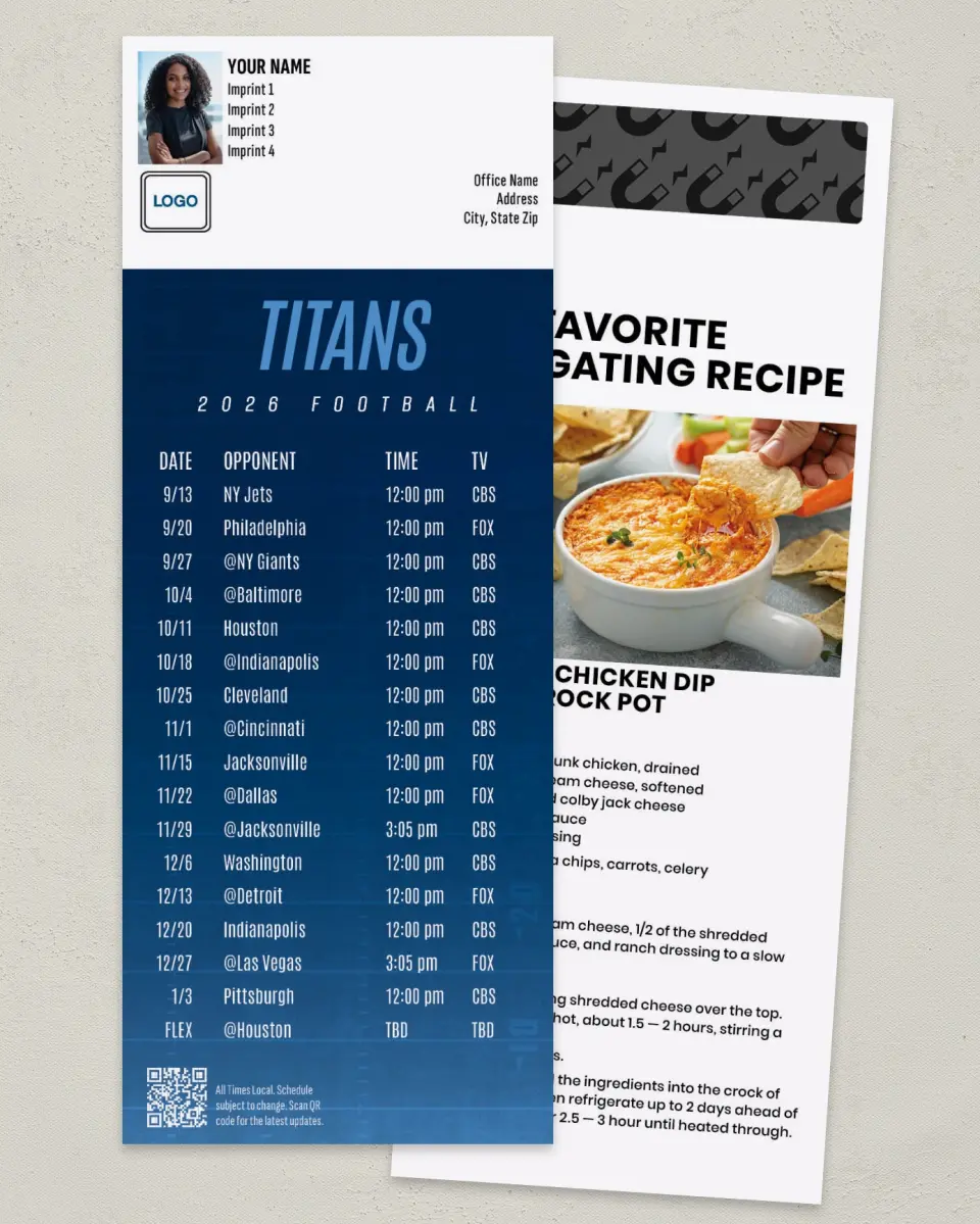 This is a 3½" x 9" Football Schedule Magnet called Titans printed in full color