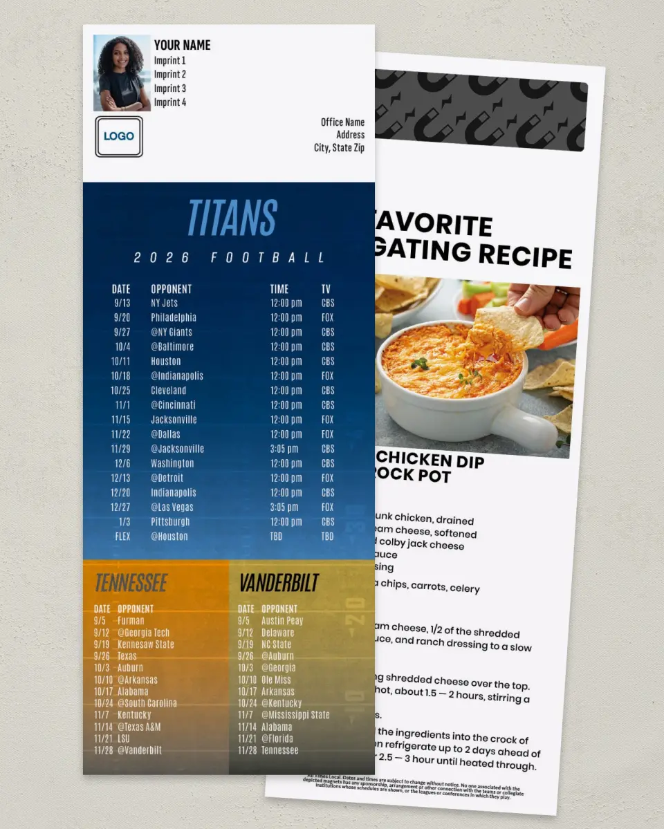 This is a 3½" x 9" Football Schedule Magnet called Titans + University of Tennessee + Vanderbilt University printed in full color