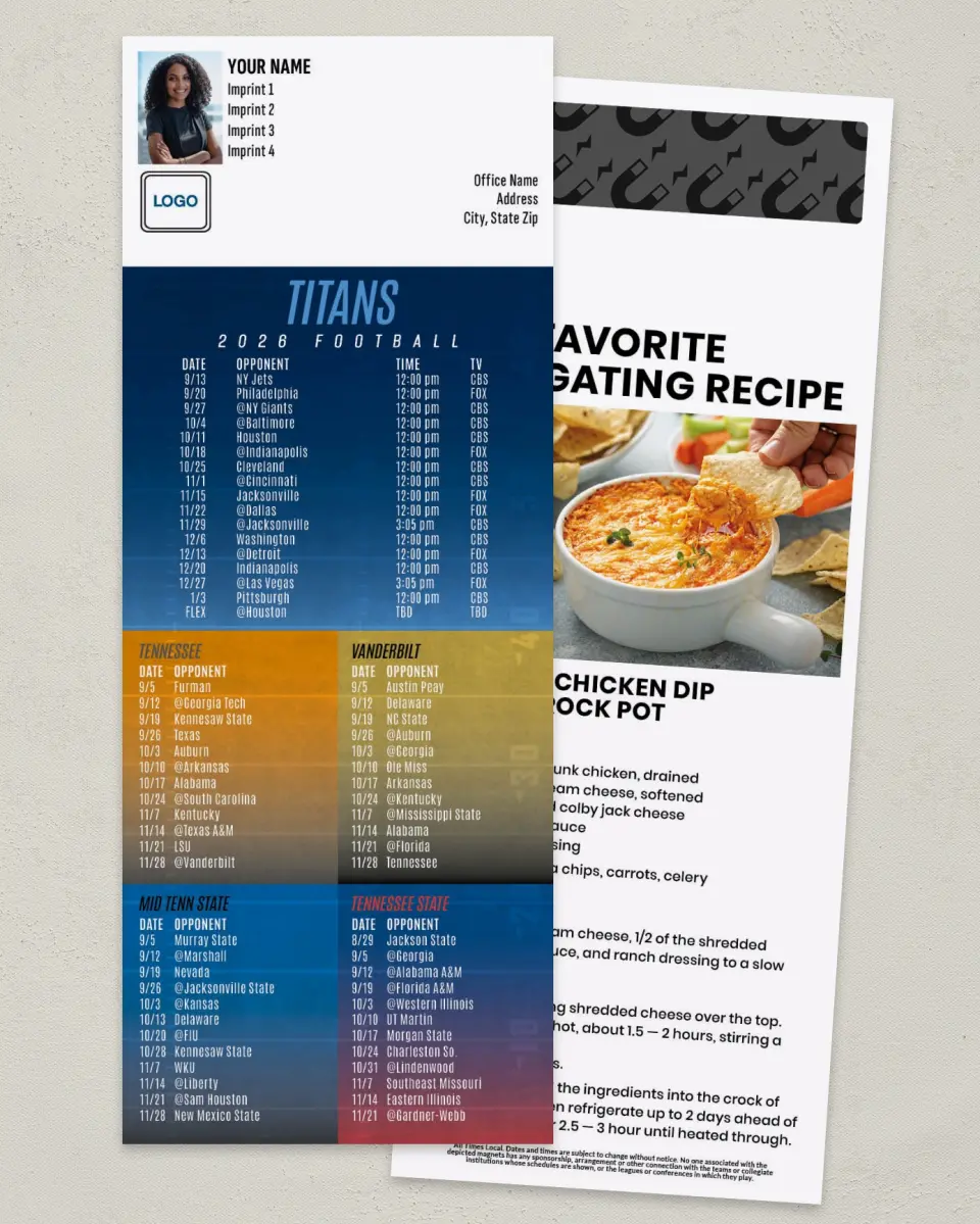This is a 3½" x 9" Football Schedule Magnet called Titans + U of TN + Vanderbilt + Middle TN State + TN State printed in full color