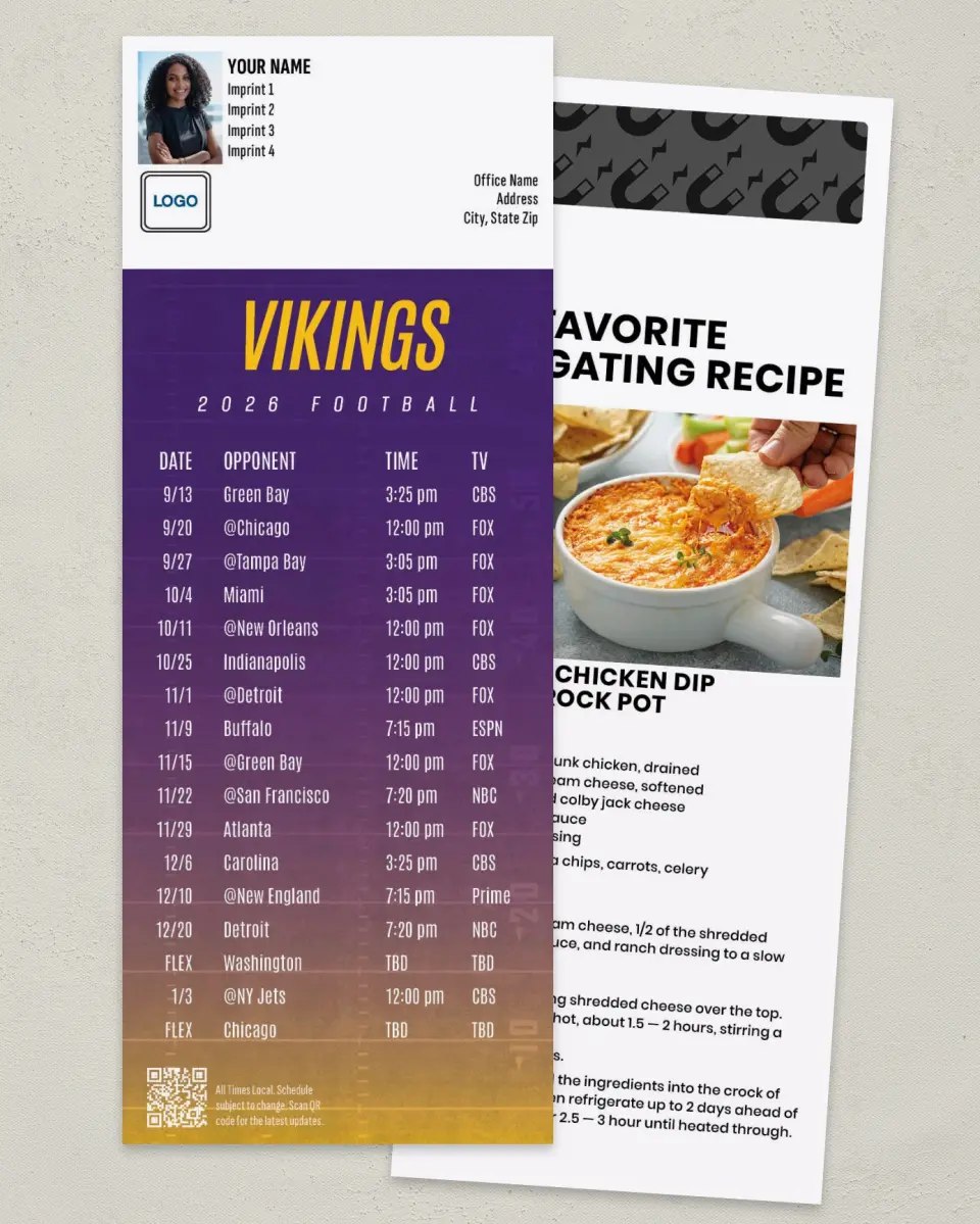 This is a 3½" x 9" Football Schedule Magnet called Vikings printed in full color