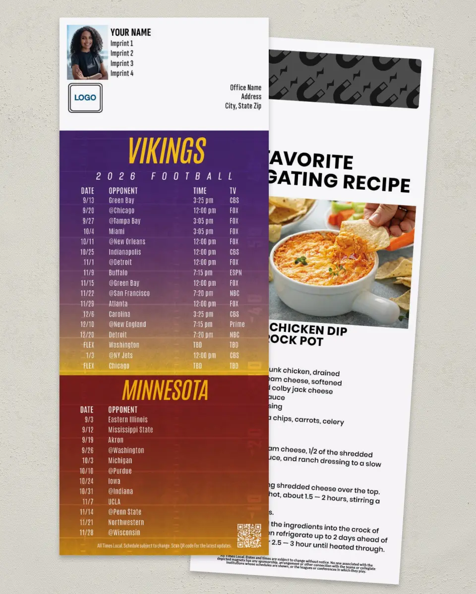This is a 3½" x 9" Football Schedule Magnet called Vikings + Minnesota printed in full color