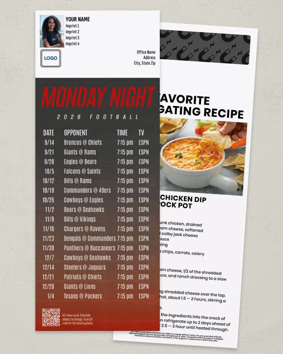 This is a 3½" x 9" Football Schedule Magnet called Monday Night Football printed in full color