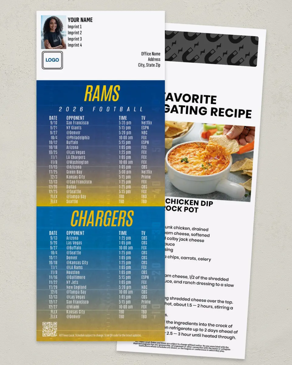 This is a 3½" x 9" Football Schedule Magnet called Los Angeles Rams + Los Angeles Chargers printed in full color