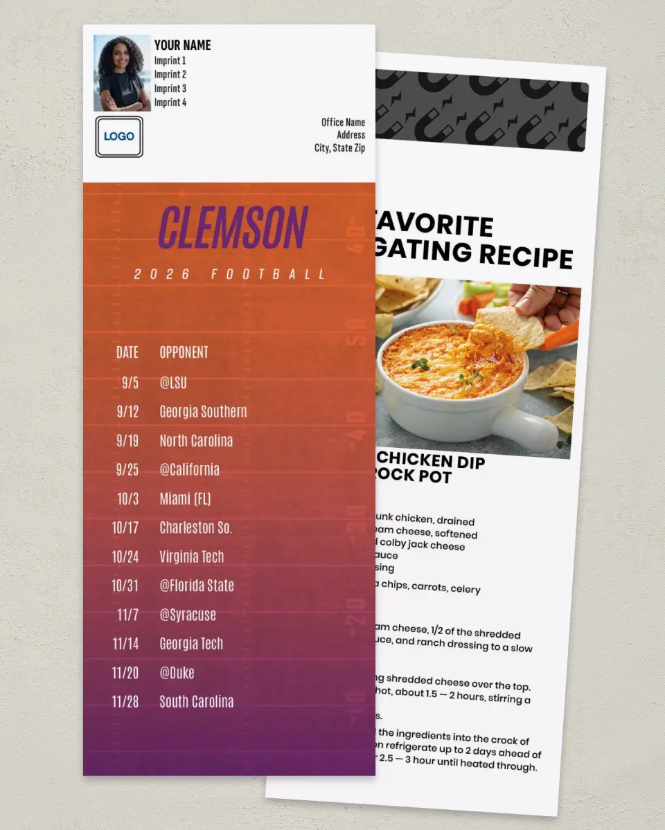 This is a 3½" x 9" Football Schedule Magnet called Clemson Tigers printed in full color