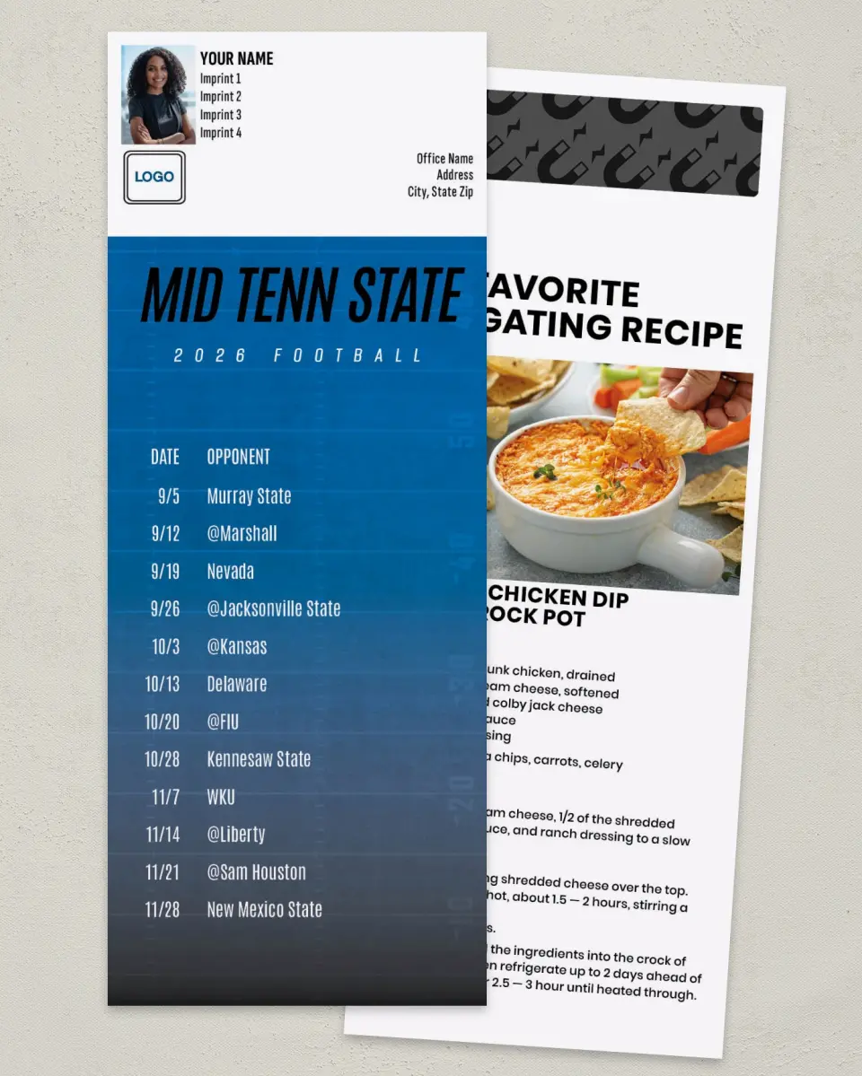 This is a 3½" x 9" Football Schedule Magnet called Middle Tenn State Blue Raiders printed in full color