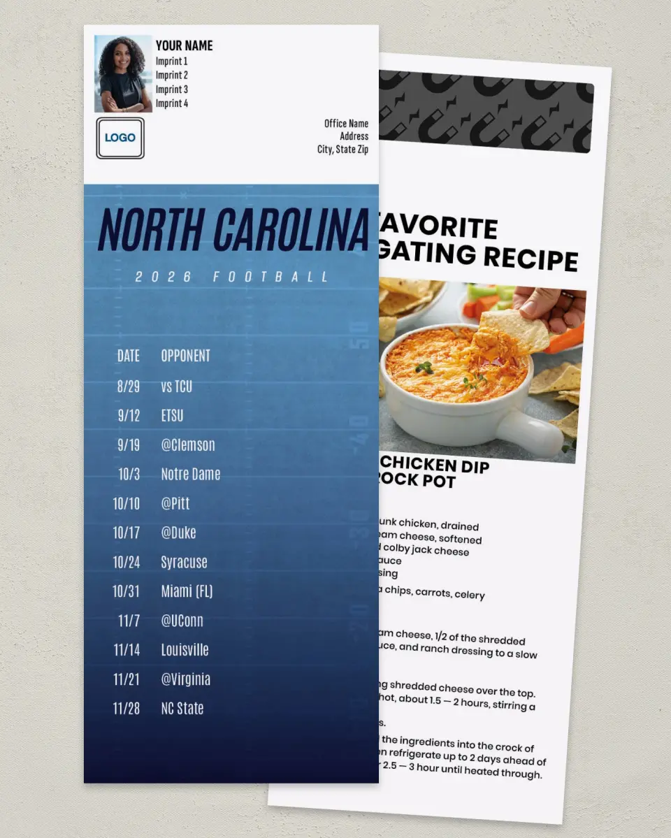 This is a 3½" x 9" Football Schedule Magnet called North Carolina TarHeels printed in full color