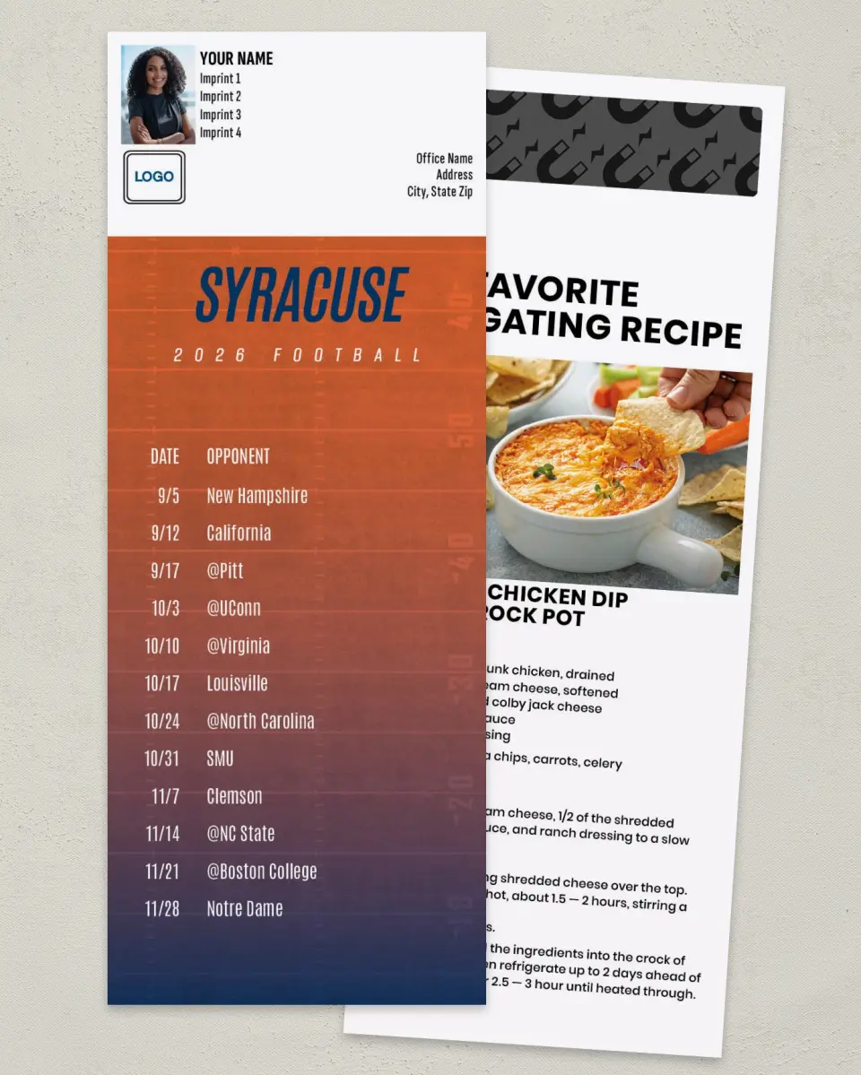 This is a 3½" x 9" Football Schedule Magnet called Syracuse Orange printed in full color