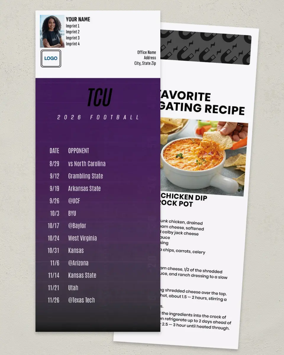This is a 3½" x 9" Football Schedule Magnet called TCU Horned Frogs printed in full color