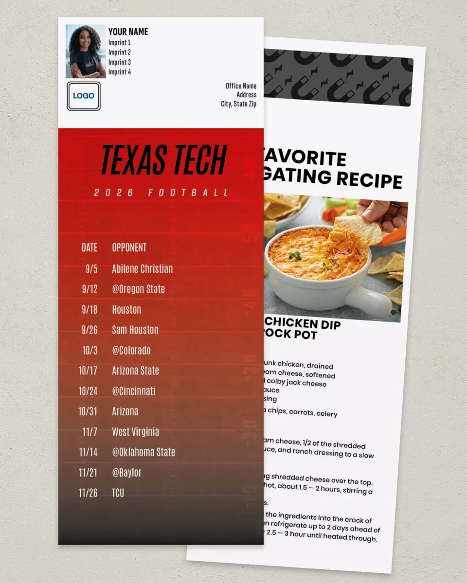 This is a 3½" x 9" Football Schedule Magnet called Texas Tech Red Raiders printed in full color