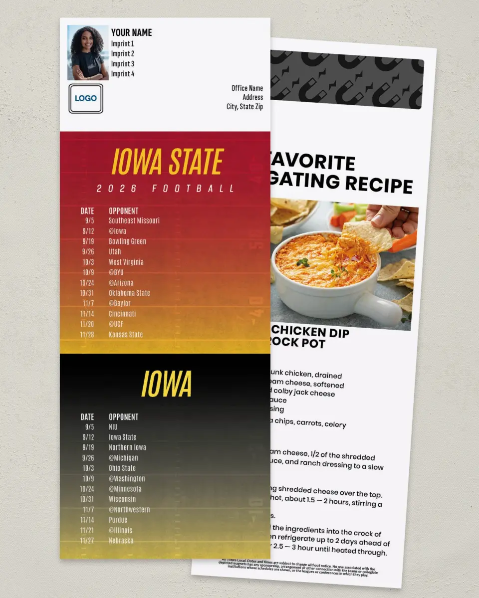 This is a 3½" x 9" Football Schedule Magnet called Iowa + Iowa State printed in full color