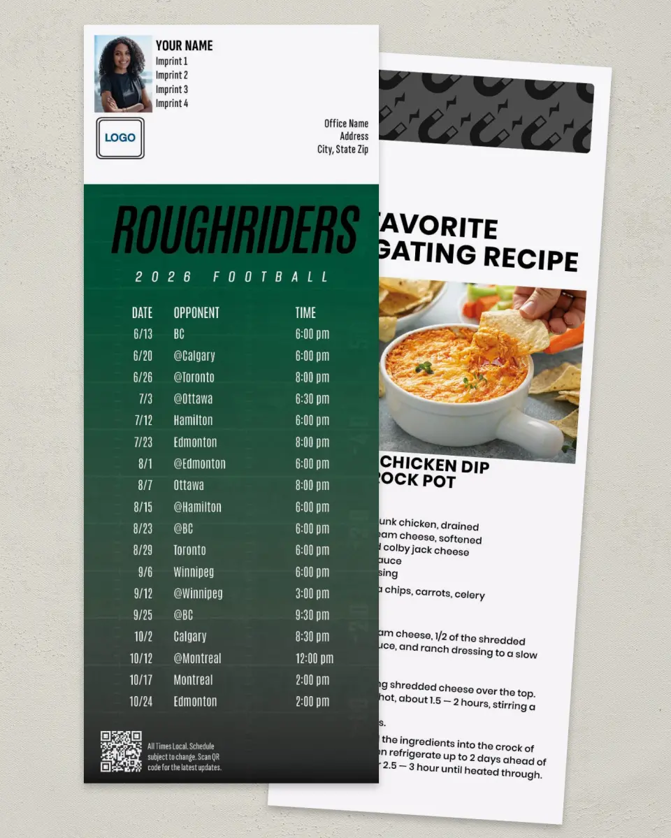 This is a 3½" x 9" Football Schedule Magnet called Saskatchewan Roughriders printed in full color