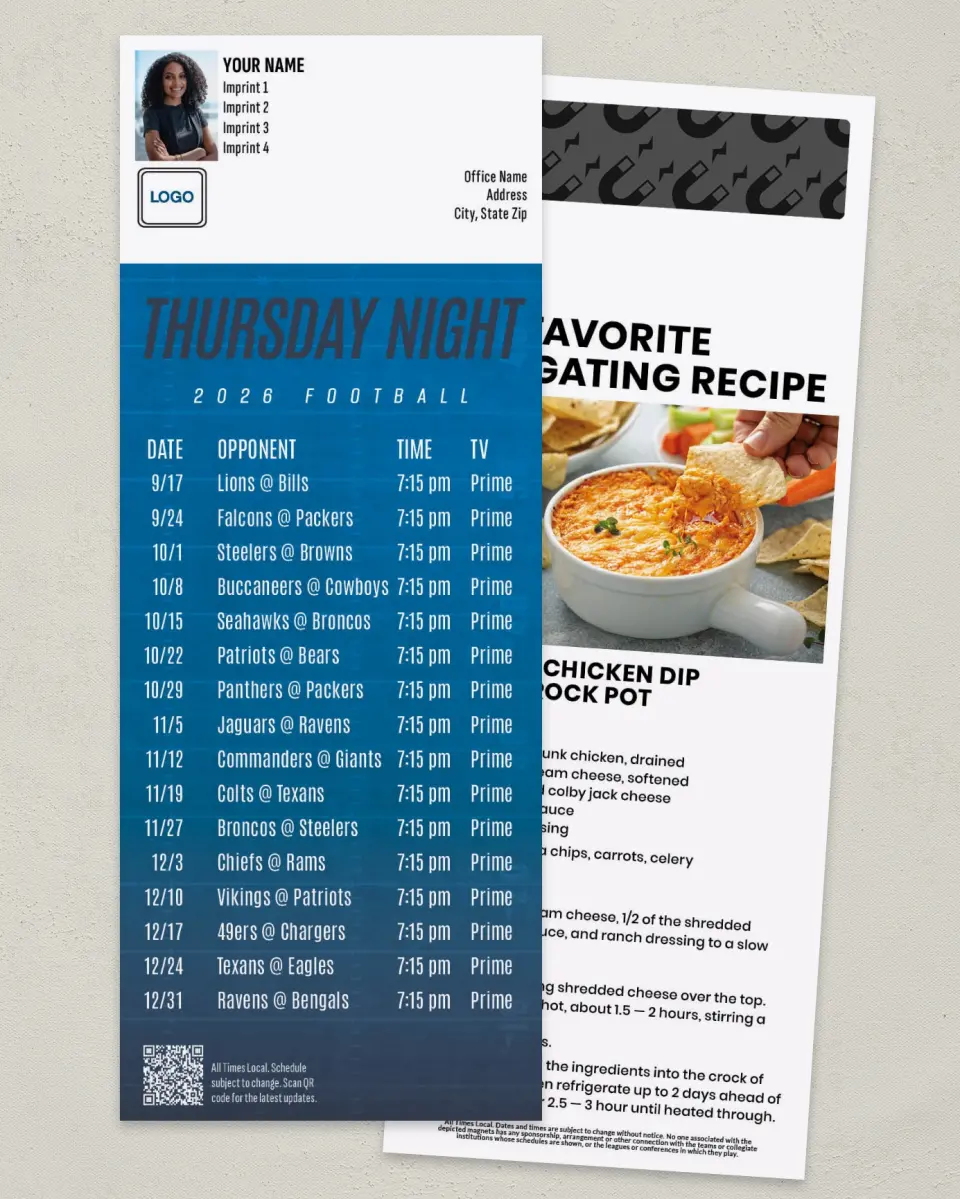 This is a 3½" x 9" Football Schedule Magnet called Thursday Night Football printed in full color