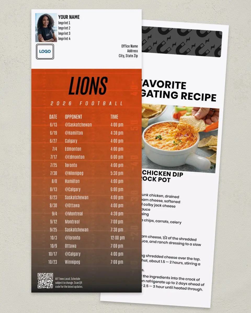 This is a 3½" x 9" Football Schedule Magnet called BC Lions printed in full color