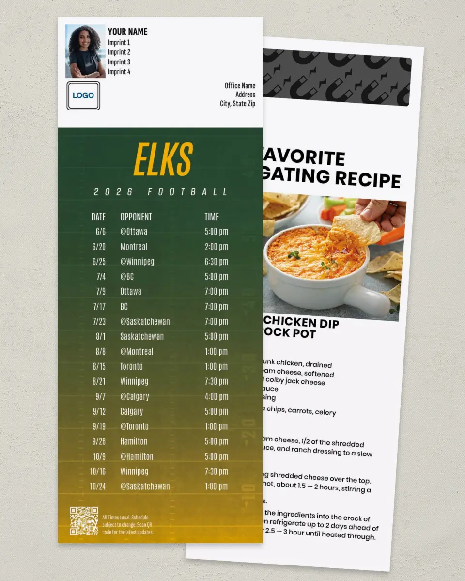This is a 3½" x 9" Football Schedule Magnet called Edmonton Elks printed in full color