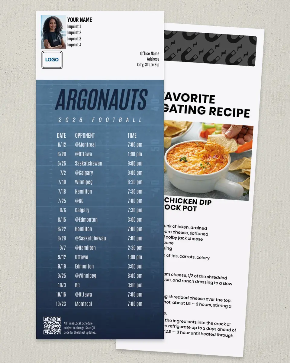 This is a 3½" x 9" Football Schedule Magnet called Toronto Argonauts printed in full color