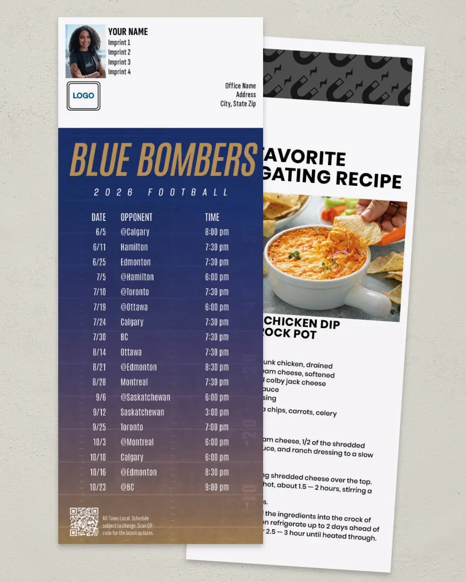 This is a 3½" x 9" Football Schedule Magnet called Winnipeg Blue Bombers printed in full color