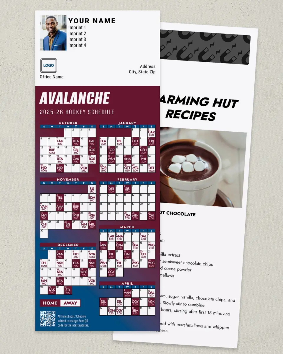 This is a 3½" x 9" Hockey Schedule MagnetCard called Colorado Avalanche printed in full color