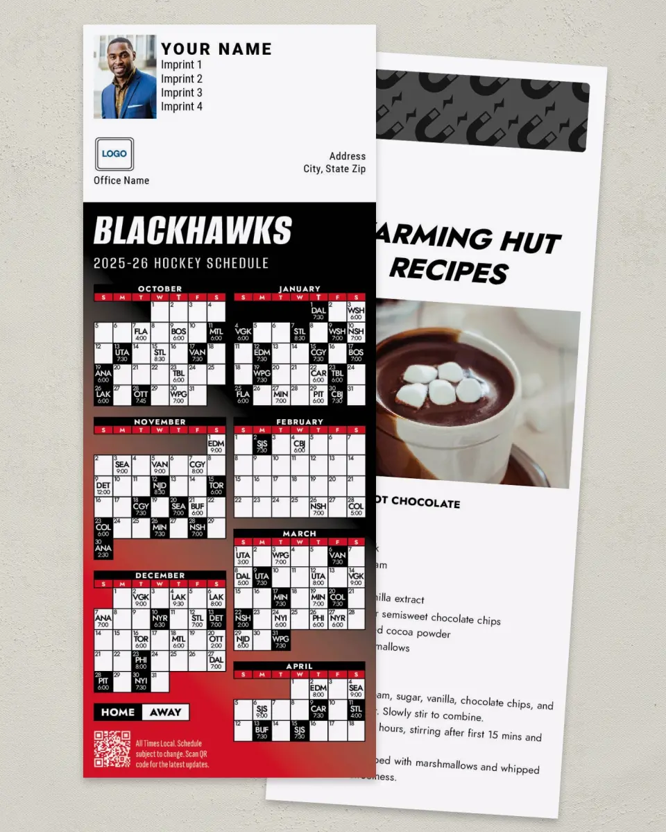 This is a 3½" x 9" Hockey Schedule MagnetCard called Chicago Blackhawks printed in full color