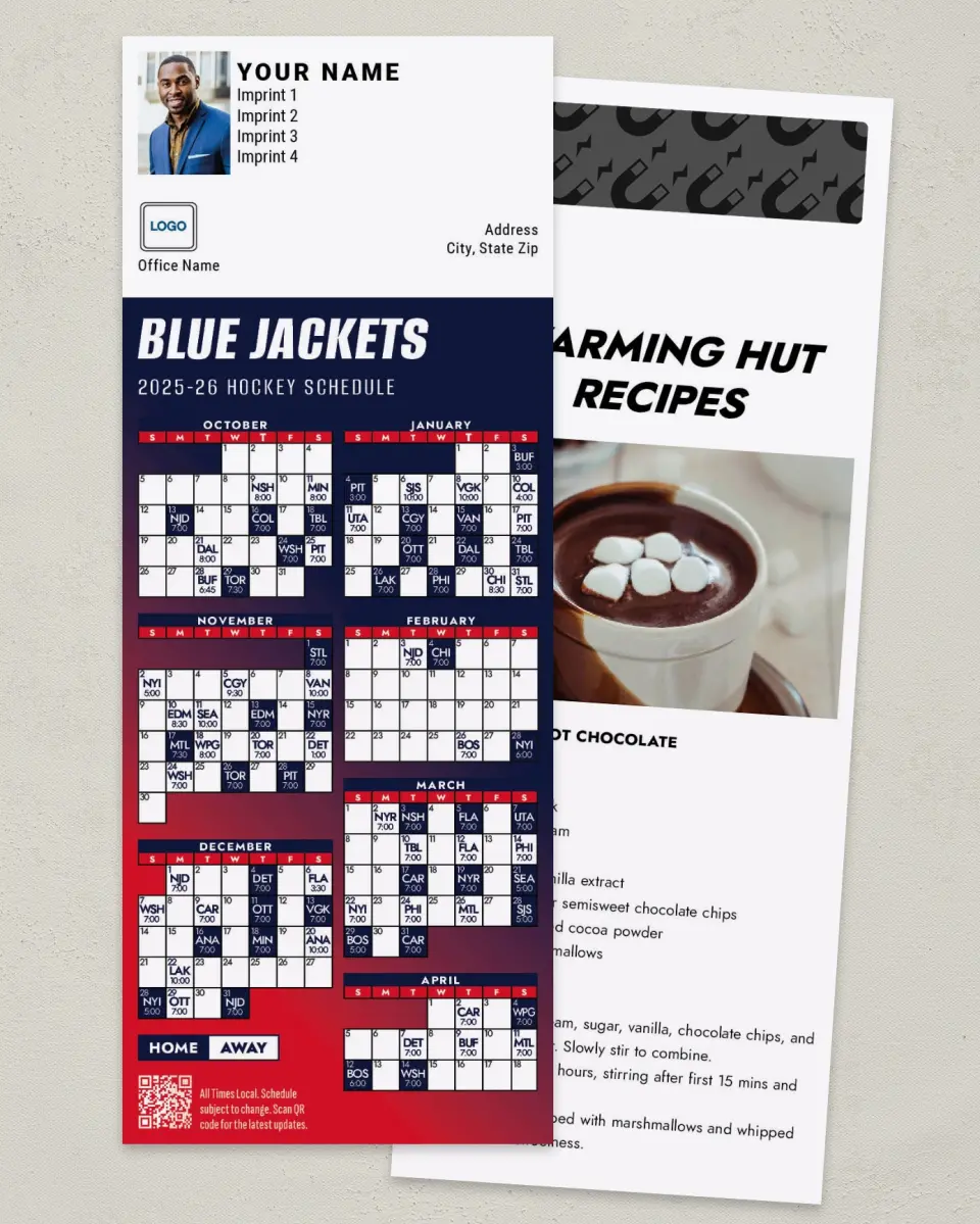 This is a 3½" x 9" Hockey Schedule MagnetCard called Columbus Blue Jackets printed in full color