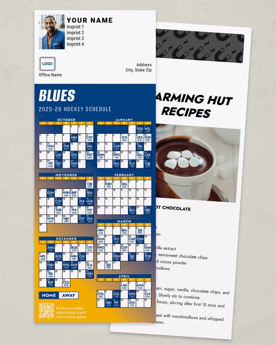 This is a 3½" x 9" Hockey Schedule MagnetCard called St. Louis Blues printed in full color