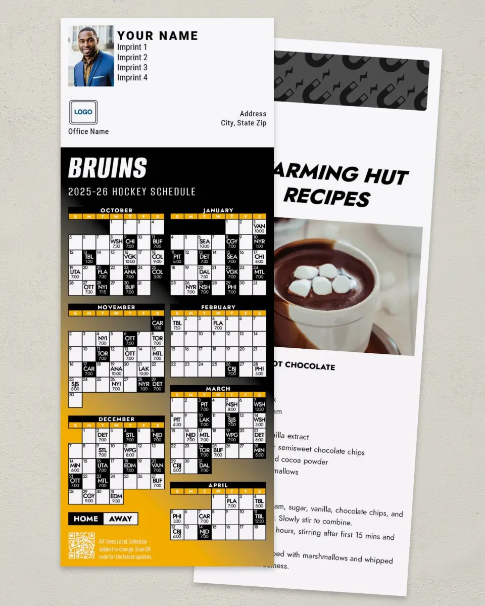 This is a 3½" x 9" Hockey Schedule MagnetCard called Boston Bruins printed in full color