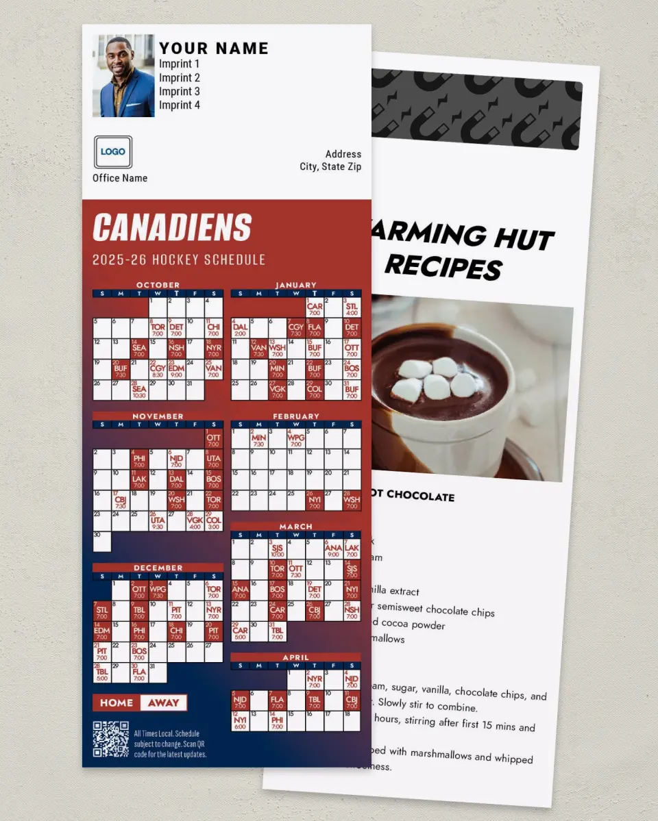 This is a 3½" x 9" Hockey Schedule MagnetCard called Montreal Canadiens printed in full color