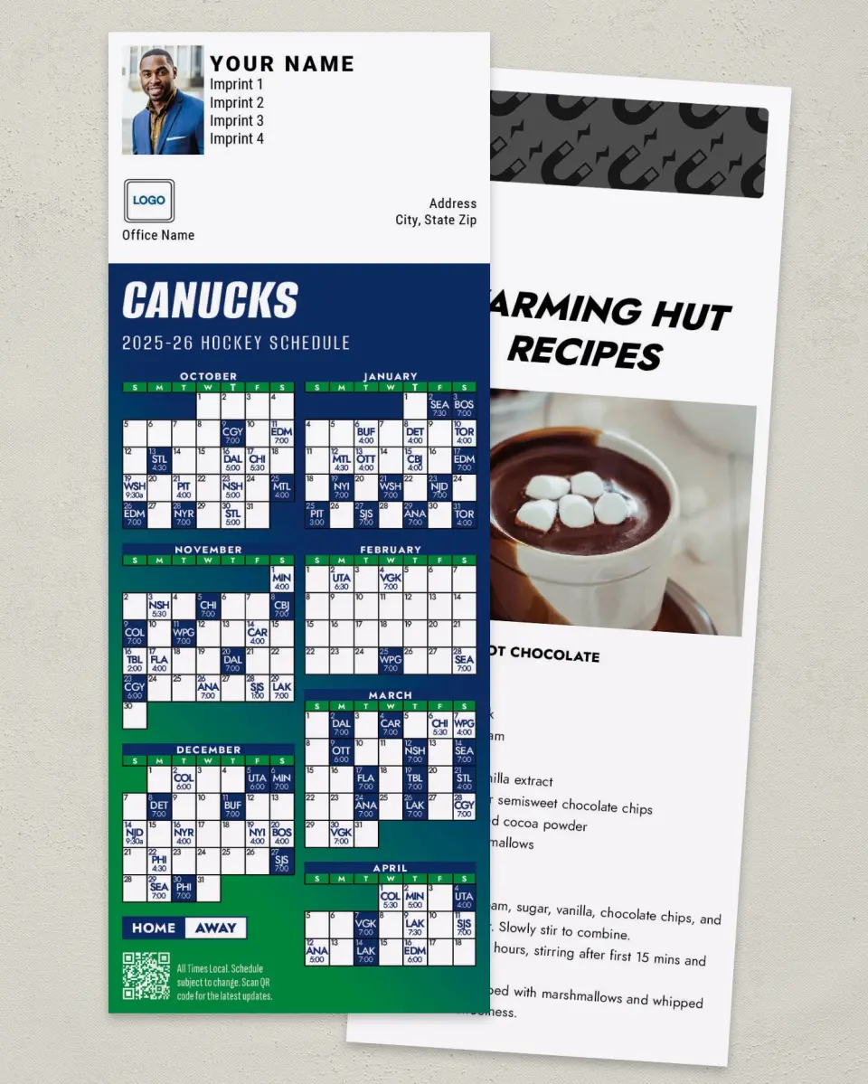 This is a 3½" x 9" Hockey Schedule MagnetCard called Vancouver Canucks printed in full color