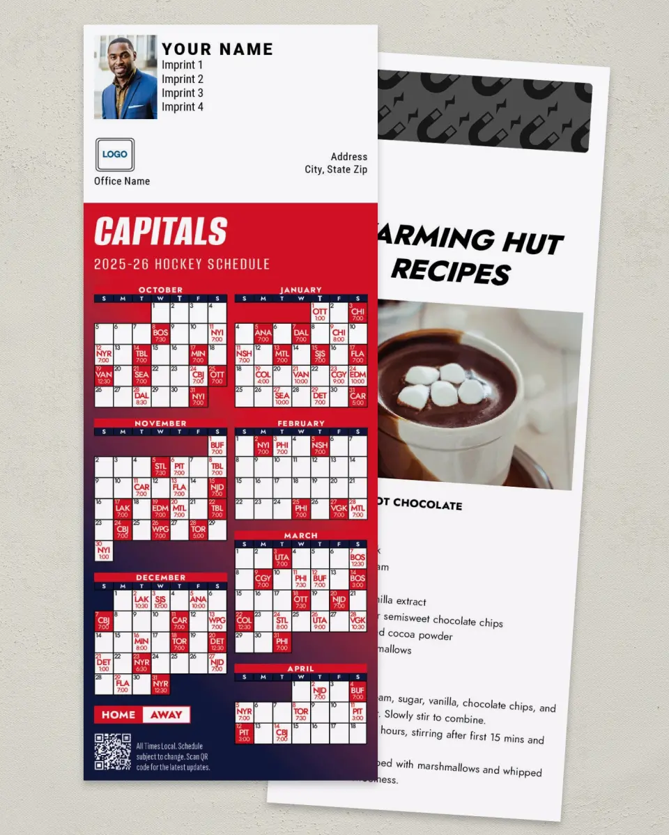 This is a 3½" x 9" Hockey Schedule MagnetCard called Washington Capitals printed in full color