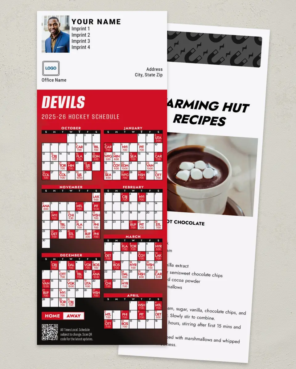 This is a 3½" x 9" Hockey Schedule MagnetCard called New Jersey Devils printed in full color