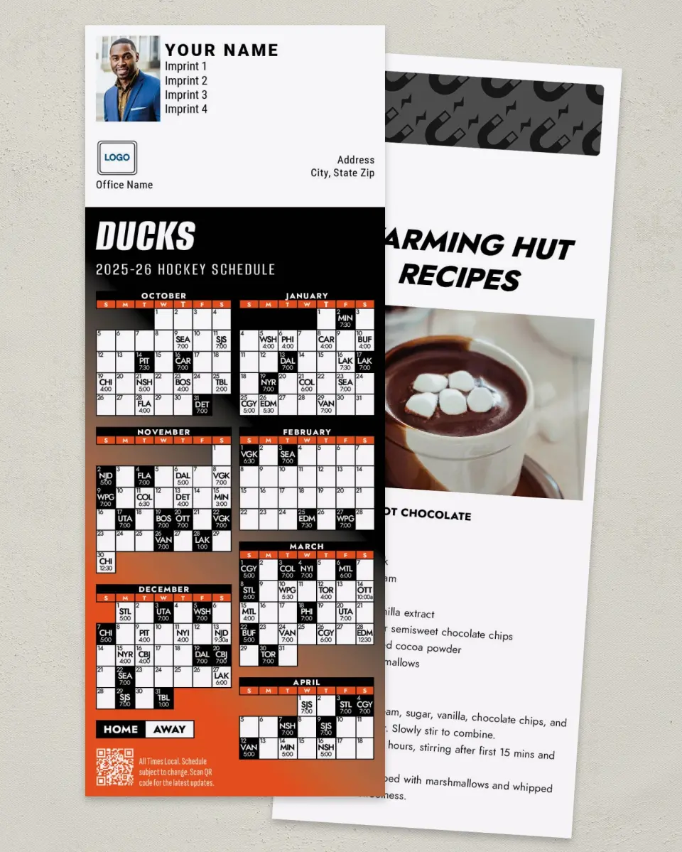 This is a 3½" x 9" Hockey Schedule MagnetCard called Anaheim Ducks printed in full color