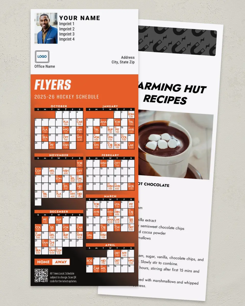 This is a 3½" x 9" Hockey Schedule MagnetCard called Philadelphia Flyers printed in full color