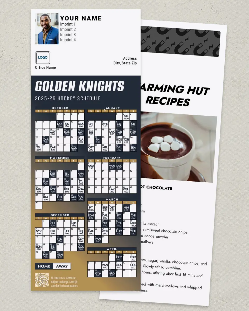 This is a 3½" x 9" Hockey Schedule MagnetCard called Vegas Golden Knights printed in full color