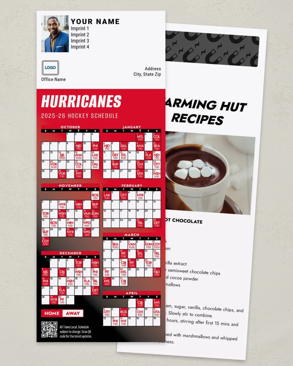 This is a 3½" x 9" Hockey Schedule MagnetCard called Carolina Hurricanes printed in full color