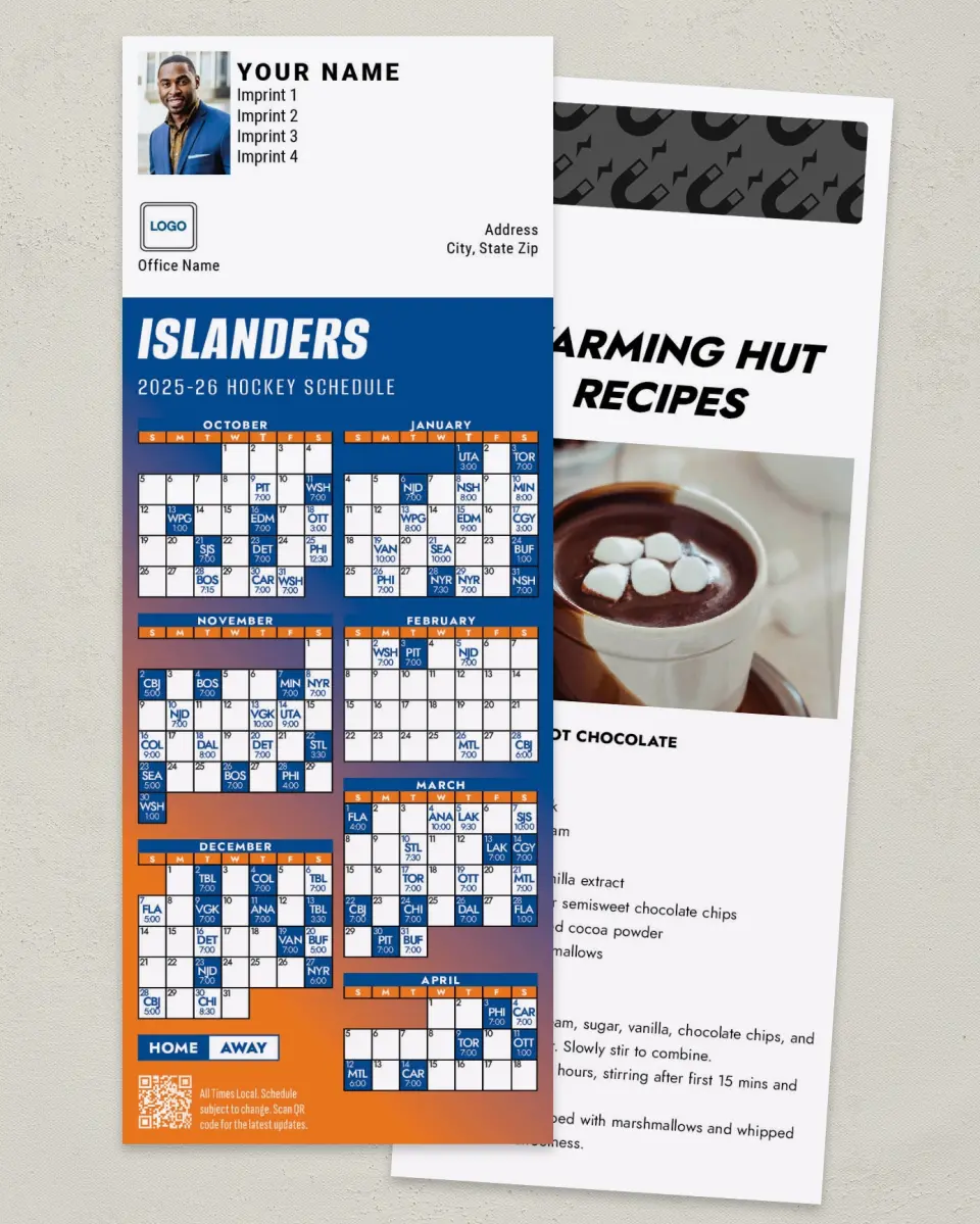 This is a 3½" x 9" Hockey Schedule MagnetCard called New York Islanders printed in full color