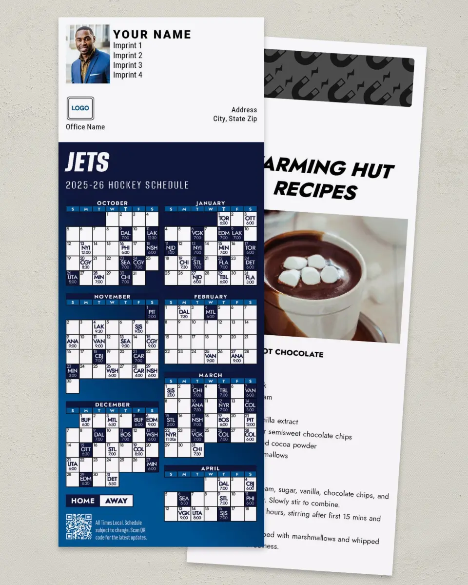 This is a 3½" x 9" Hockey Schedule MagnetCard called Winnipeg Jets printed in full color