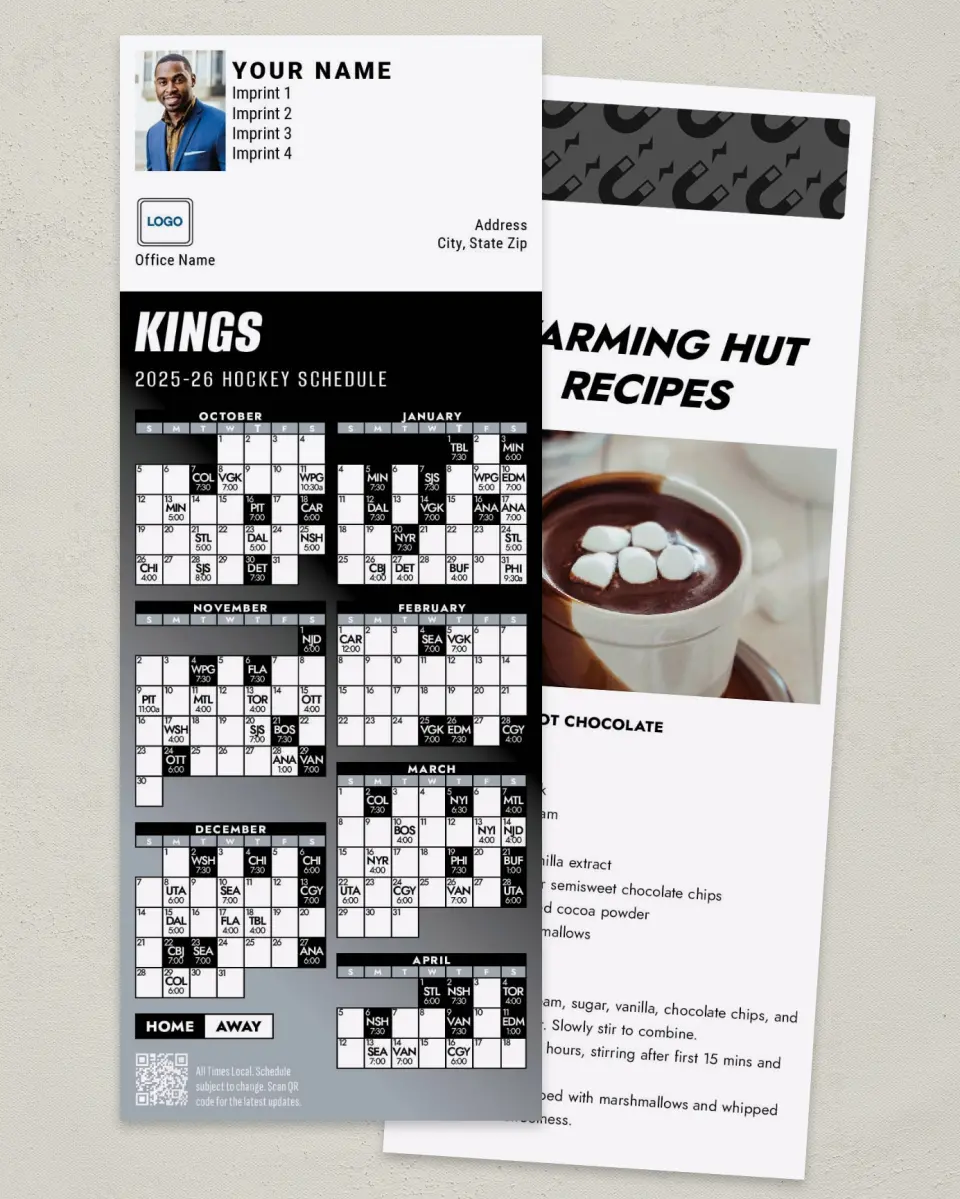 This is a 3½" x 9" Hockey Schedule MagnetCard called Los Angeles Kings printed in full color