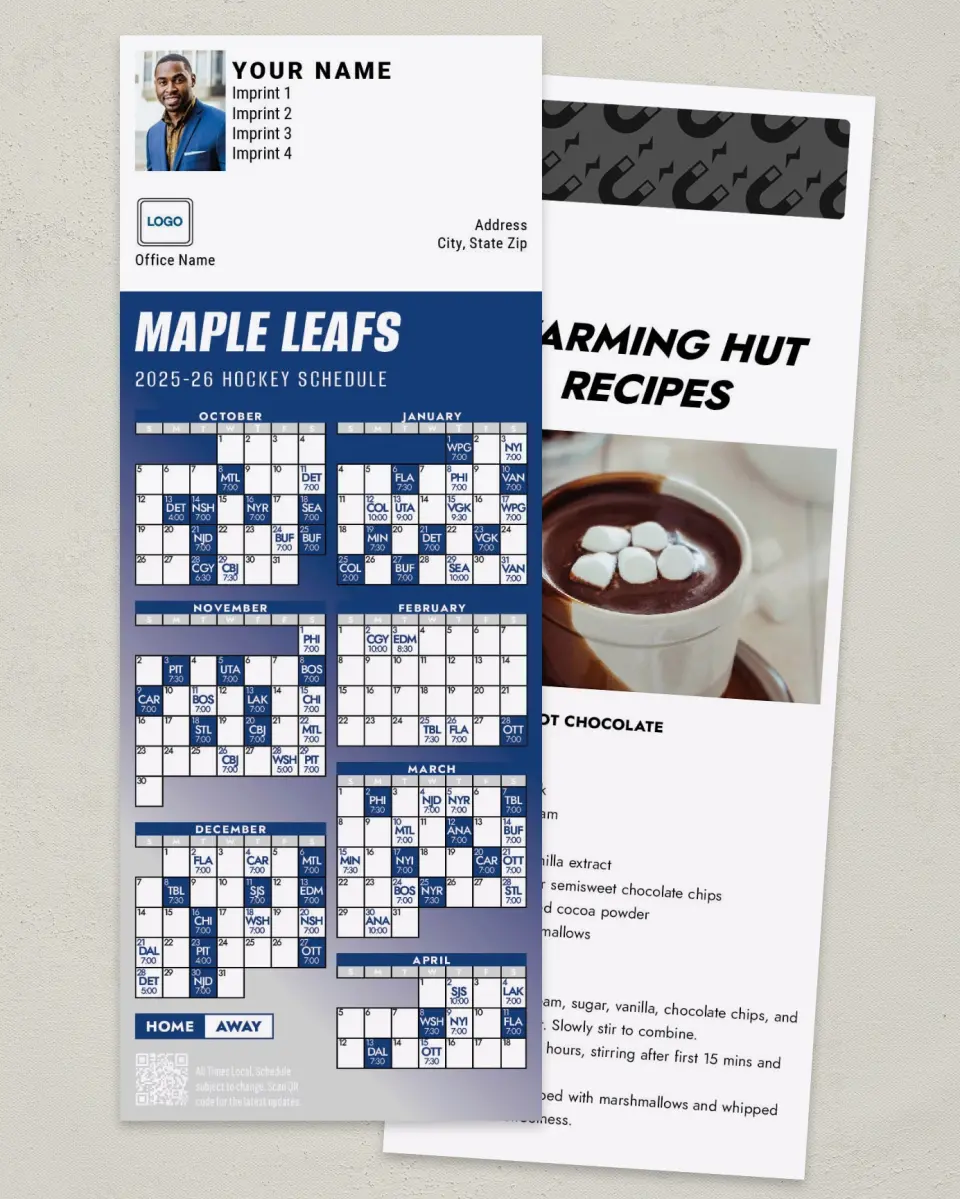 This is a 3½" x 9" Hockey Schedule MagnetCard called Toronto Maple Leafs printed in full color