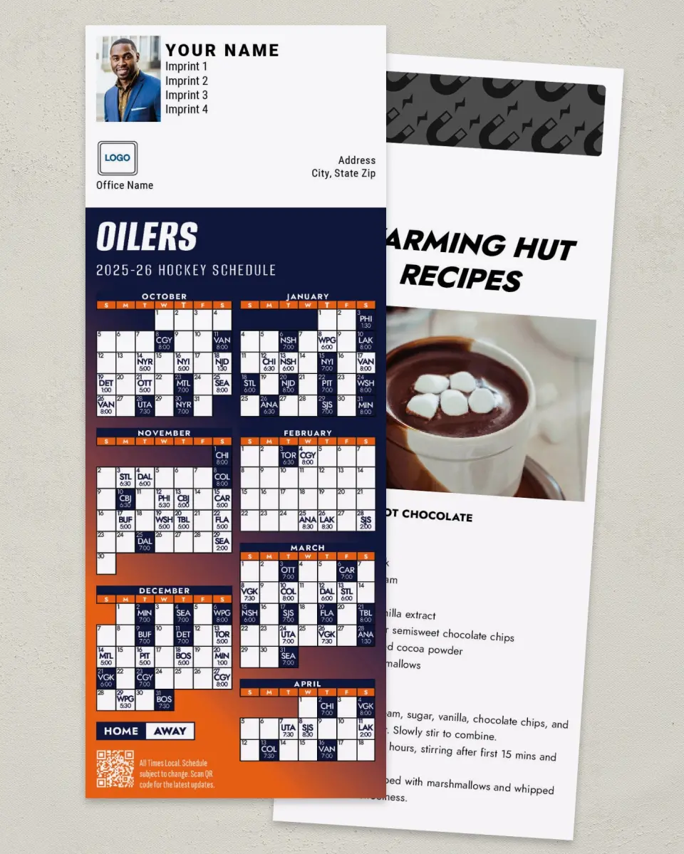 This is a 3½" x 9" Hockey Schedule MagnetCard called Edmonton Oilers printed in full color