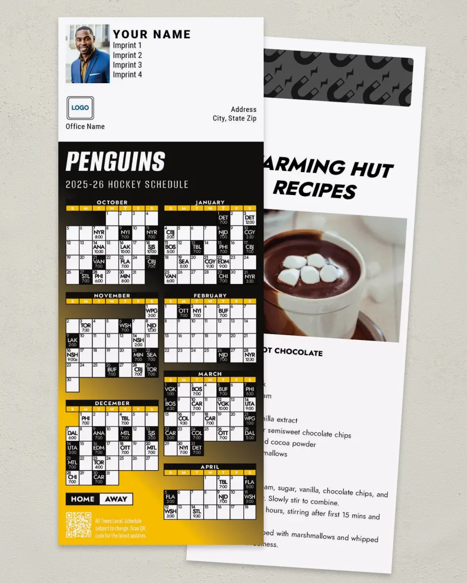 This is a 3½" x 9" Hockey Schedule MagnetCard called Pittsburgh Penguins printed in full color