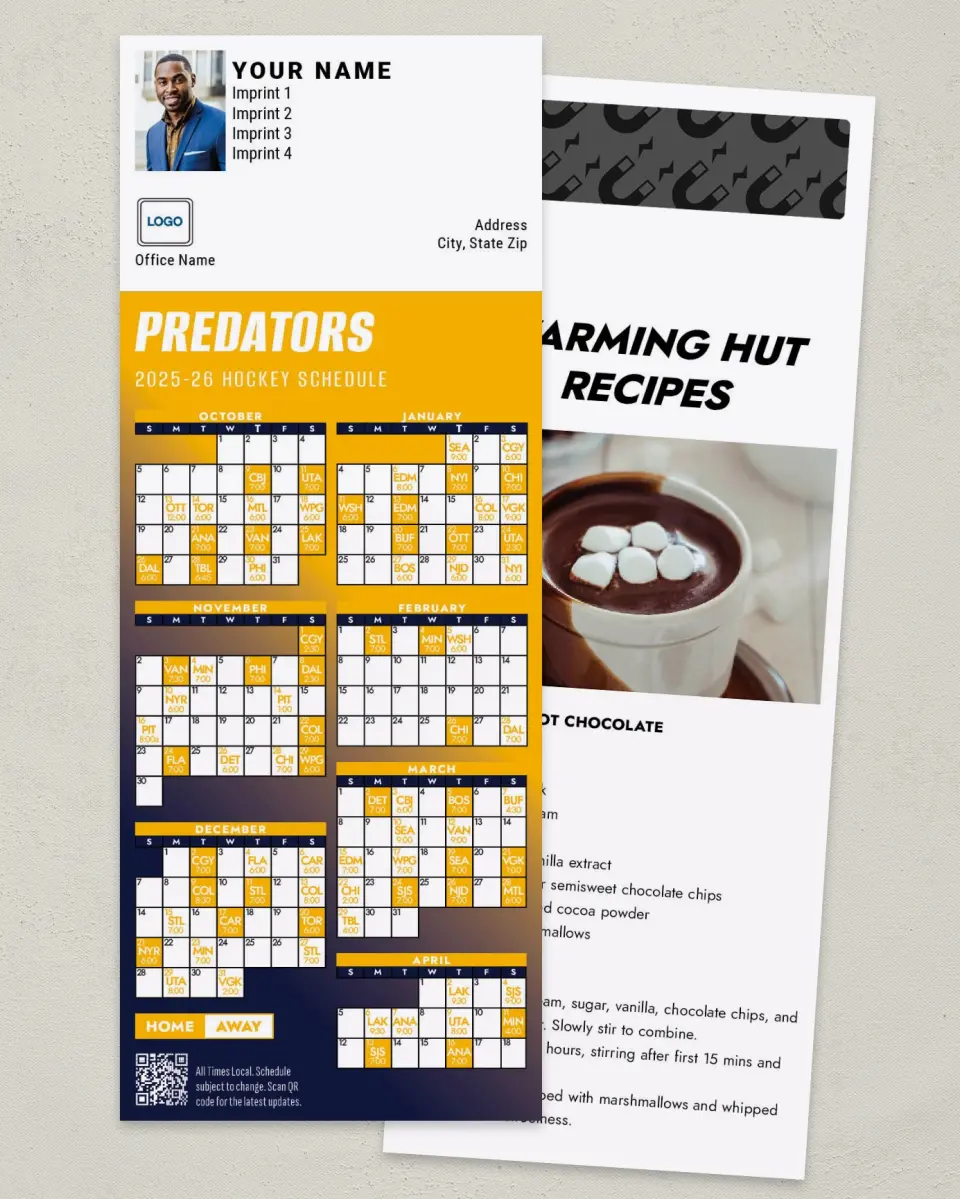 This is a 3½" x 9" Hockey Schedule MagnetCard called Nashville Predators printed in full color