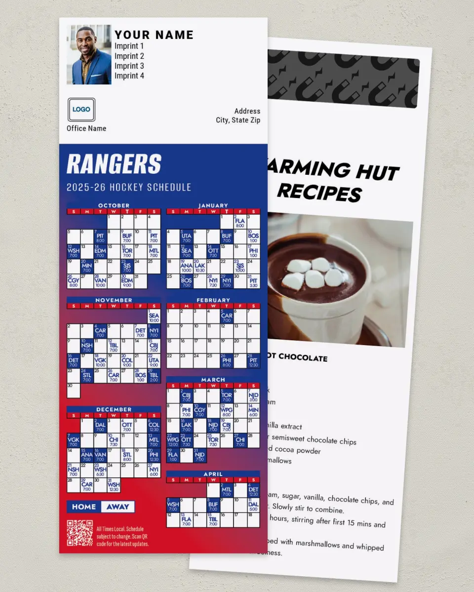 This is a 3½" x 9" Hockey Schedule MagnetCard called New York Rangers printed in full color